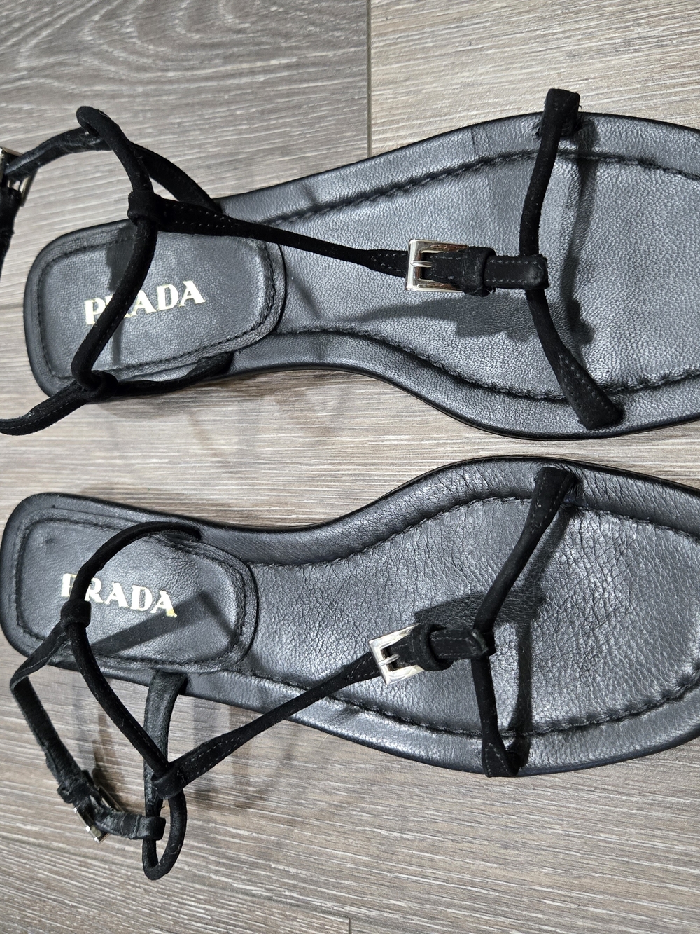 Prada Black Leather Suede Ankle-Strap Sandals